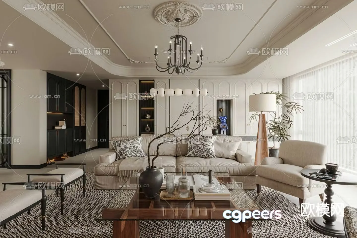 French living and dining room 3d model