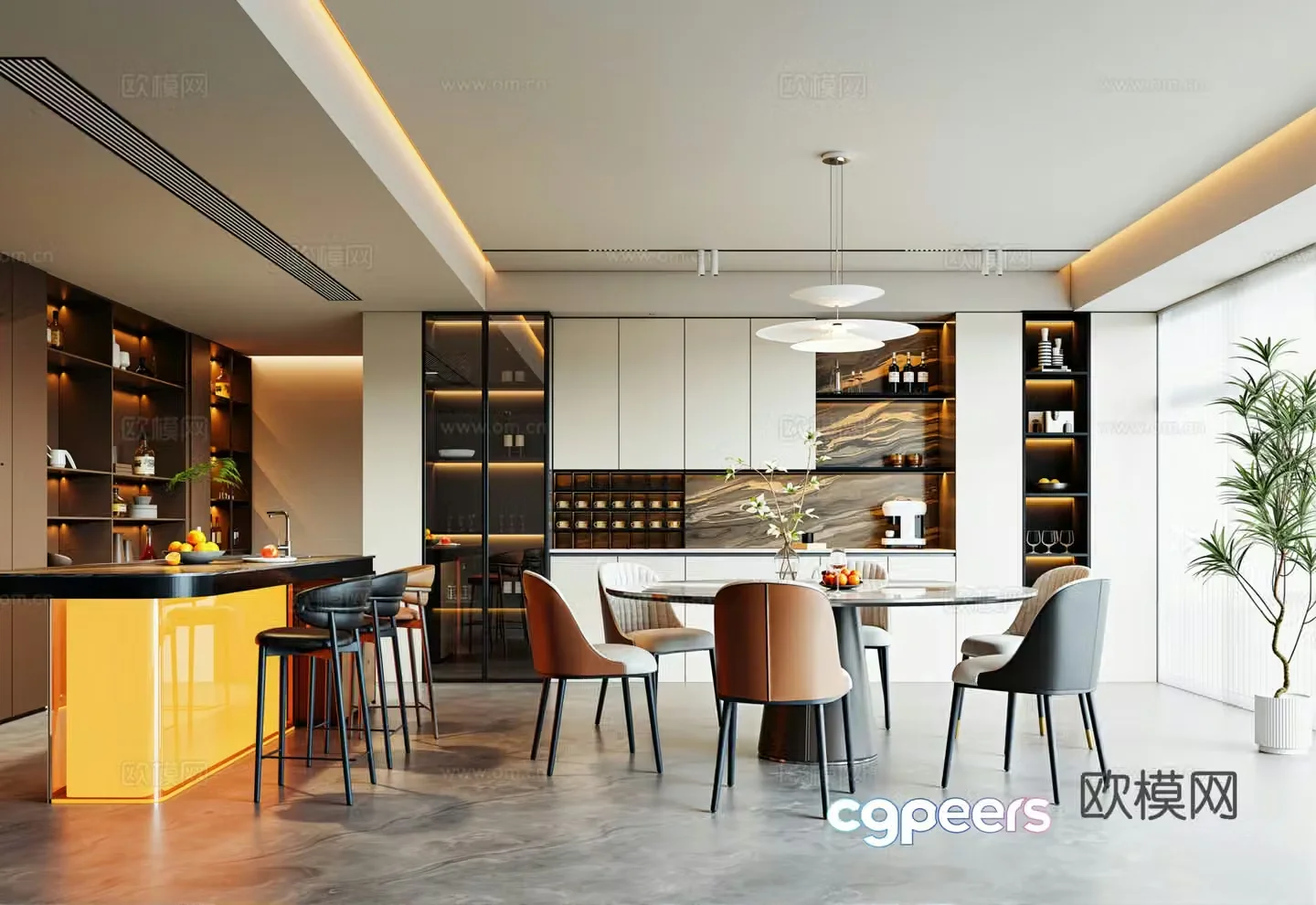 Modern Italian restaurant Round table dining table and chair sideboard wine cabinet island bar chair 3d model