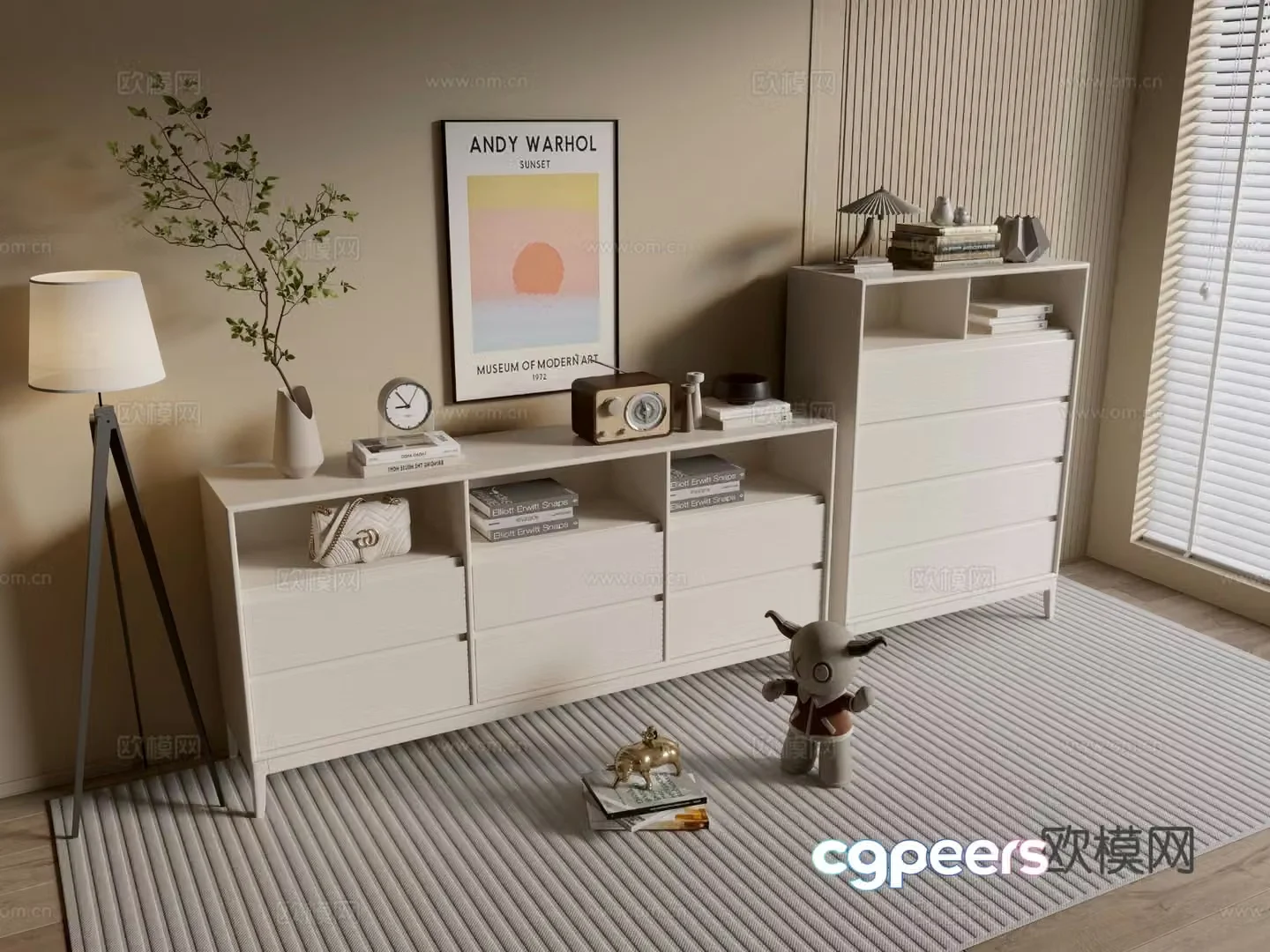 Cream style chest of drawers side cabinet 3d model