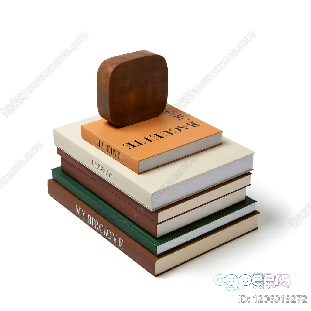 A Stack Of Books With A Wooden Object On Top 3D Model – 2381 – VRAY Render