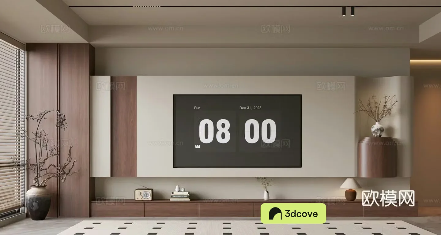 The ancient TV background wall of the TV cabinet and the background wall of the modern Wasabi style living room The ancient style 3D model