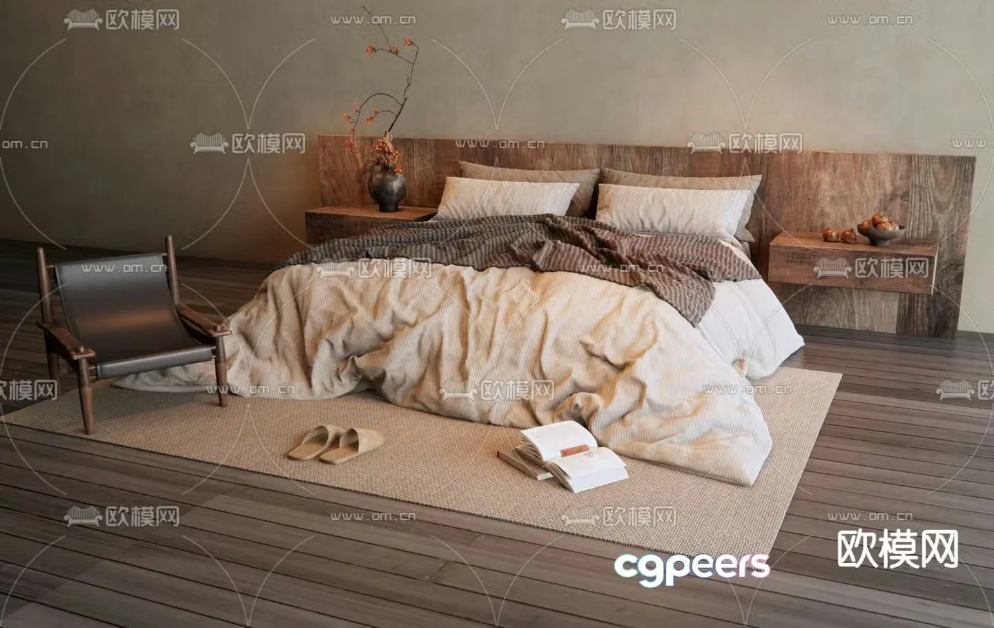 Wabi-sabi style double bed 3d model