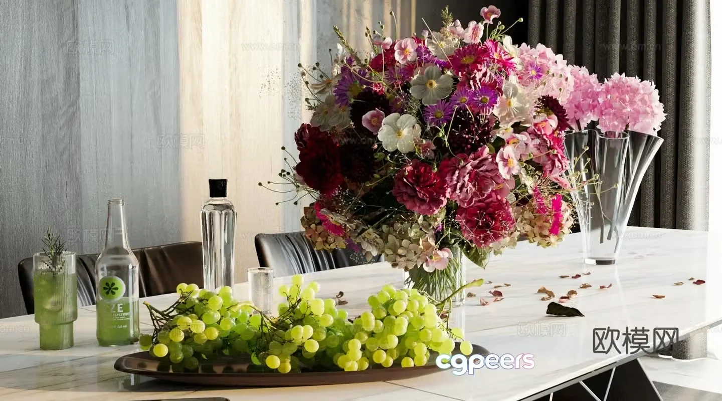 Vase flowers fruit plate glass cup grape fruit food curtain 3d model