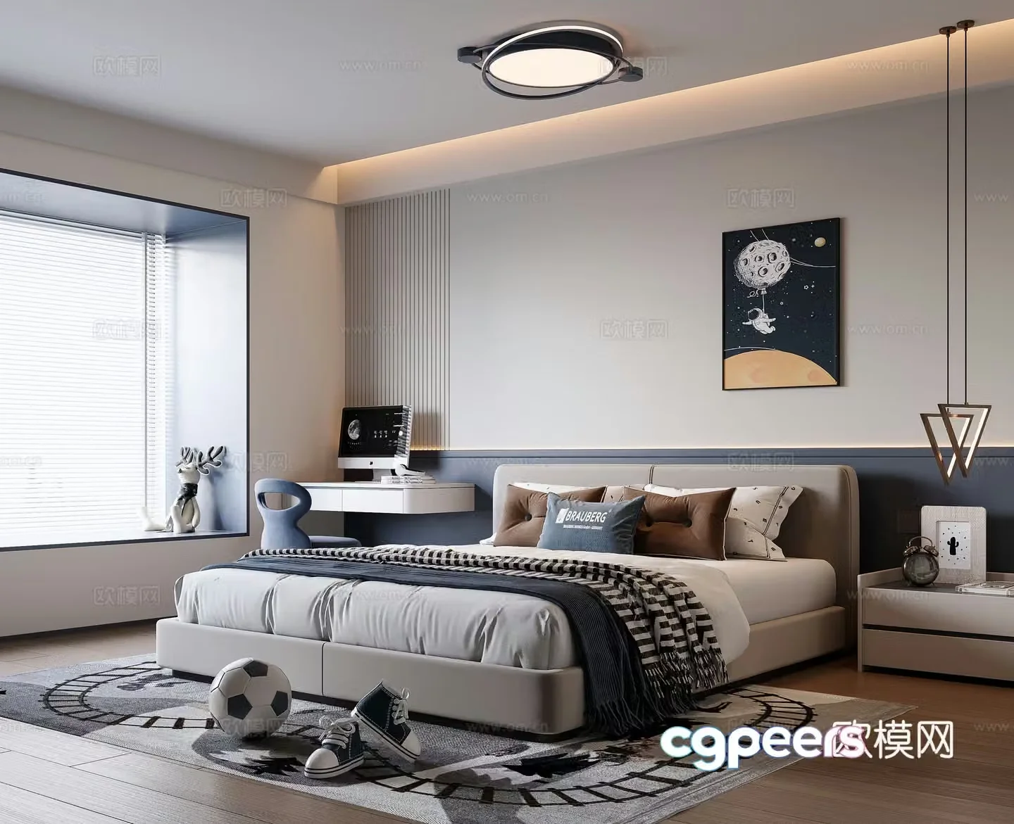 Modern boy bedroom single chair laptop computer bookcase hanging cabinet decorative cabinet desk 3d model