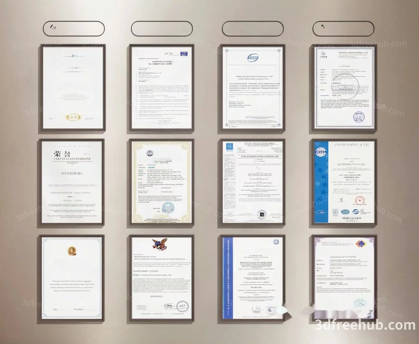 Certificates On A Wall 3D Model – 21578 – VRAY Render