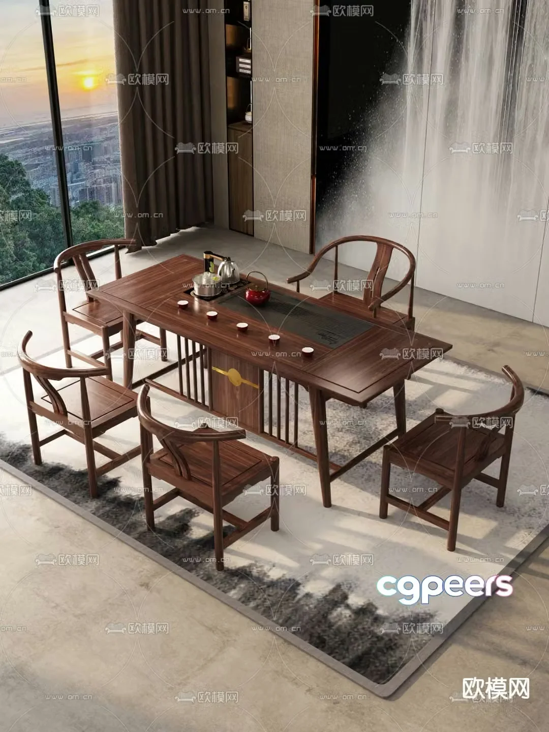 Chinese tea table and chairs tea table kung fu tea 3d model
