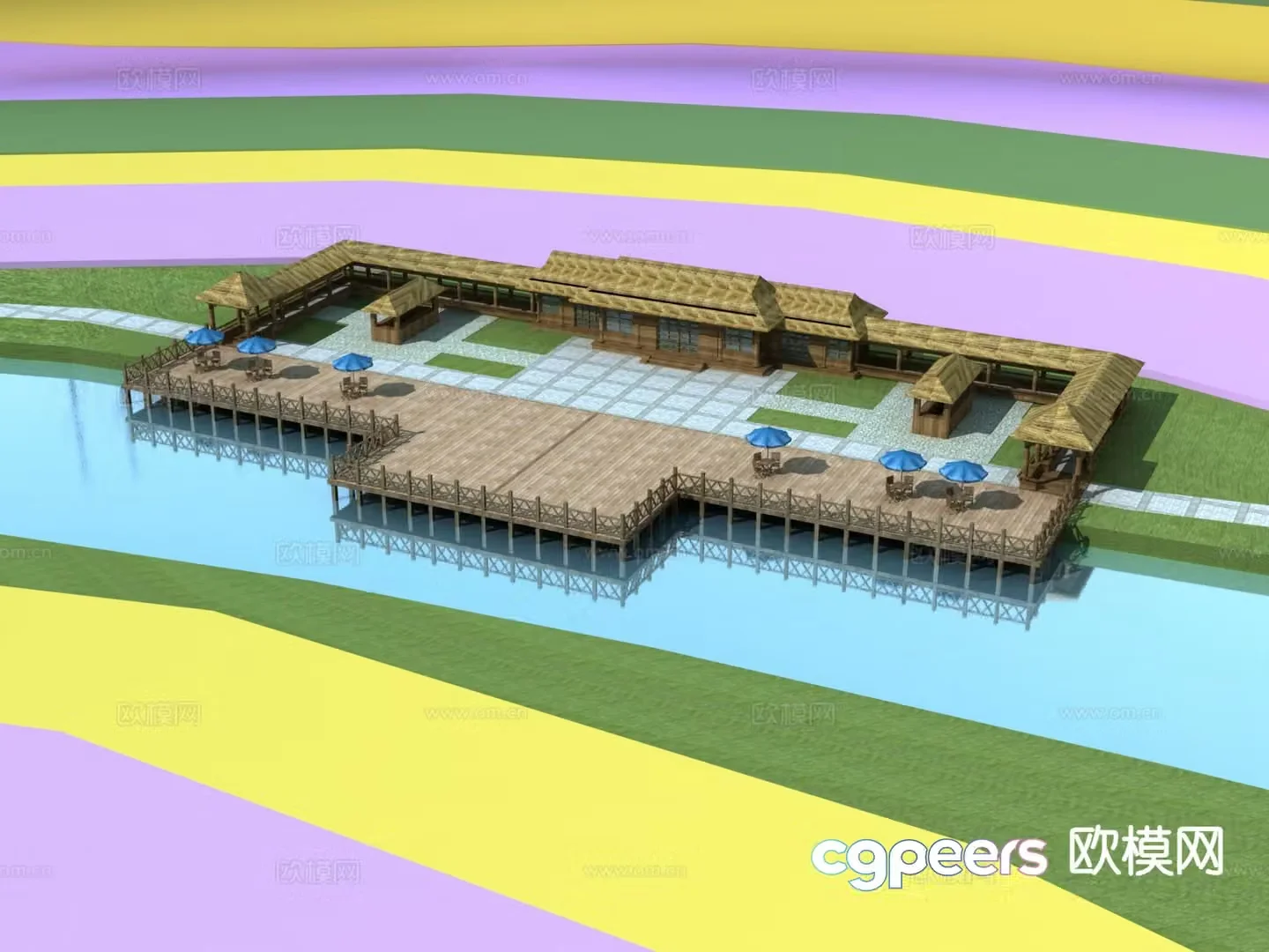 New Chinese style waterfront leisure platform 3D model