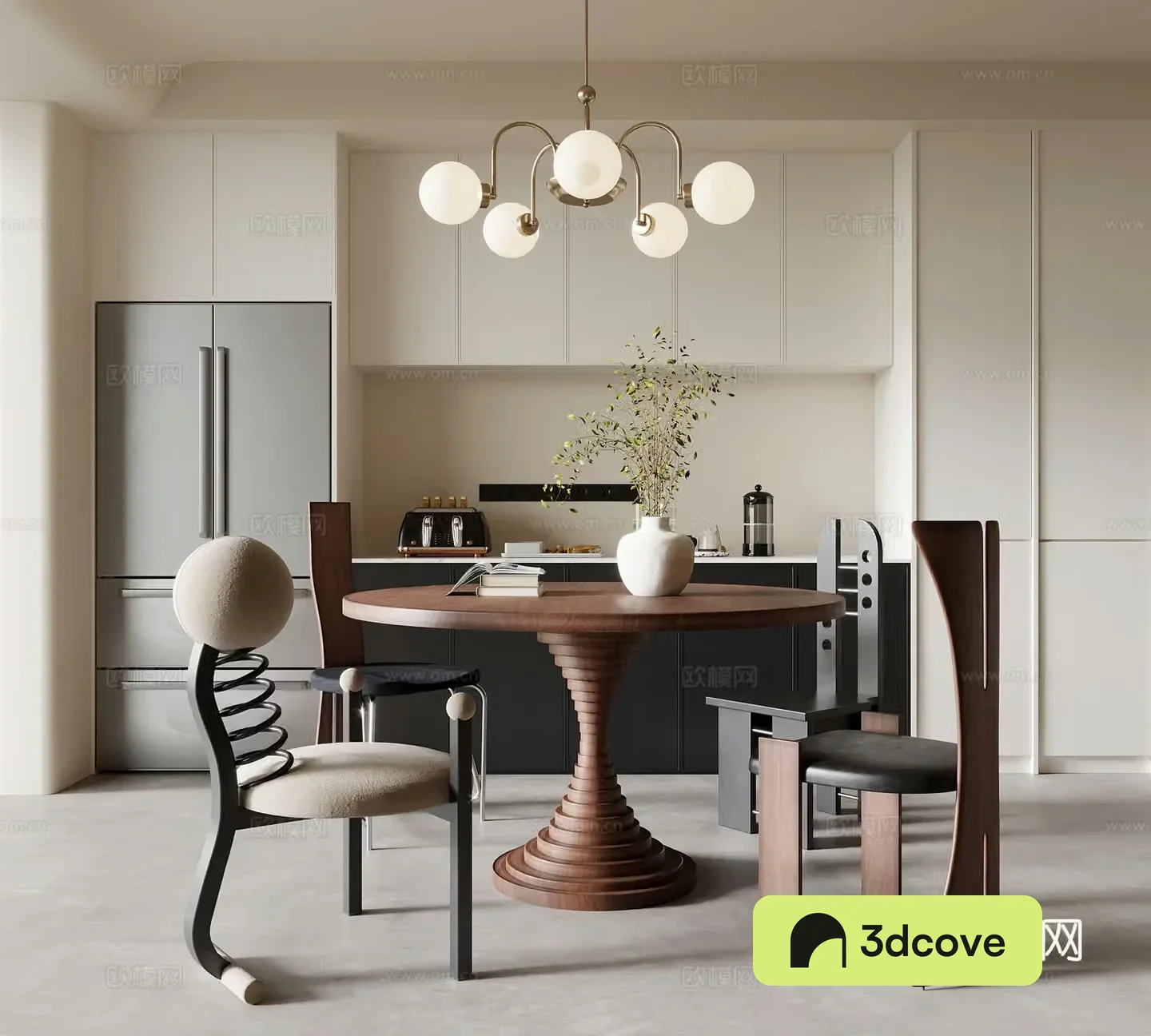 Middle-aged restaurant dining table and chairs wine cabinet 3d model