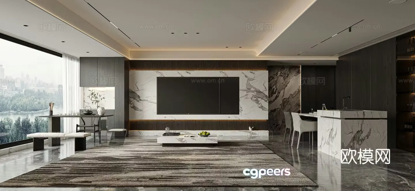 Modern living and dining room 3d model