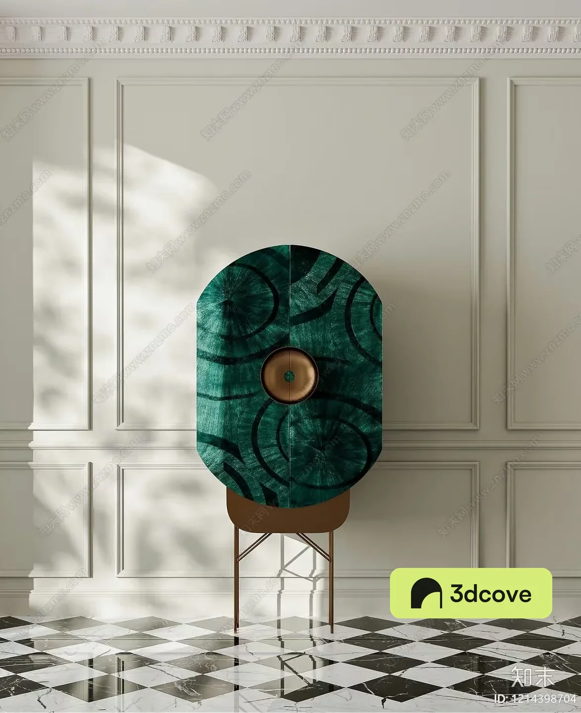 A Green Cabinet With A Gold Circle