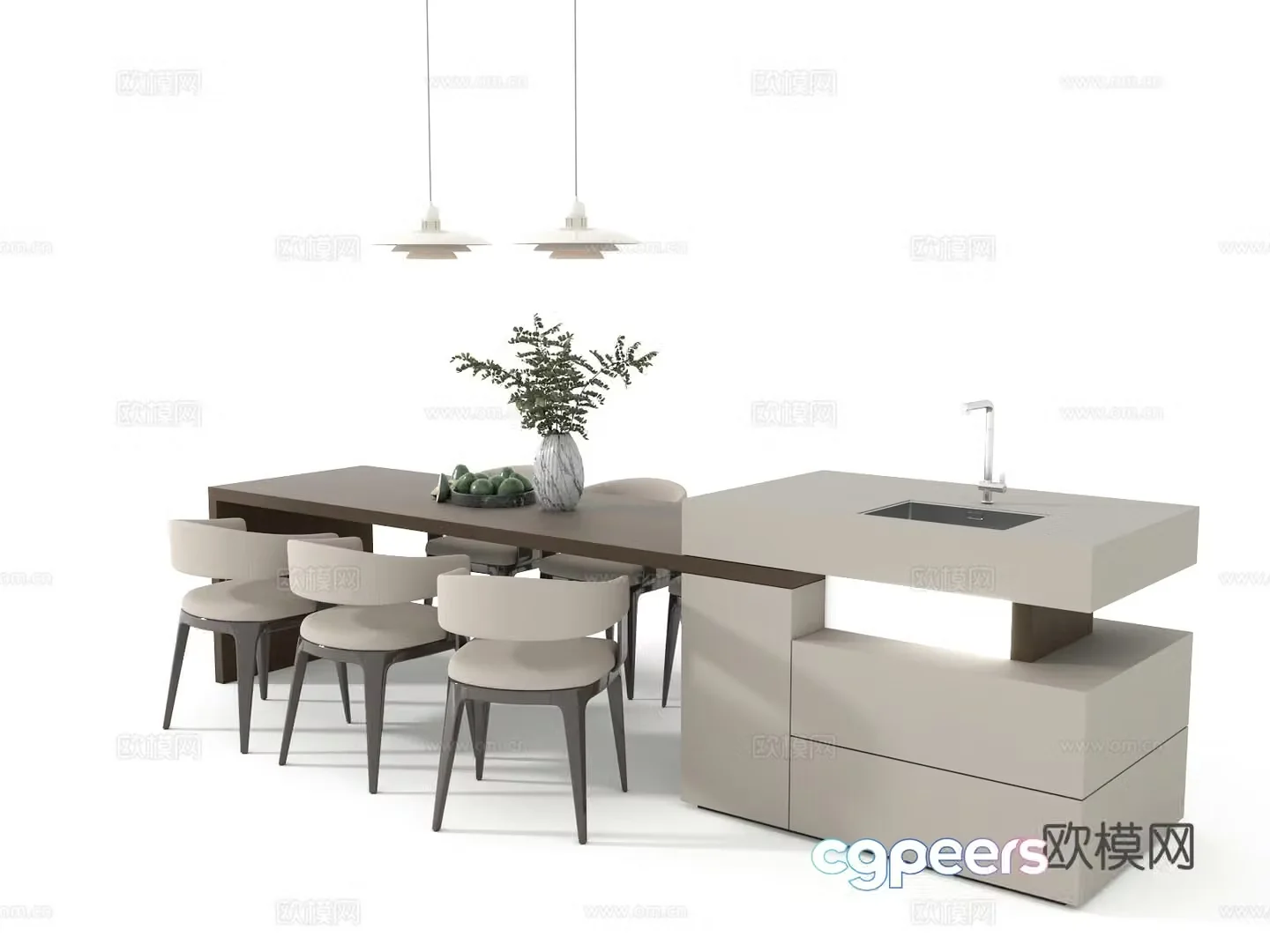 Modern creamy island dining table and chair combination 3D model