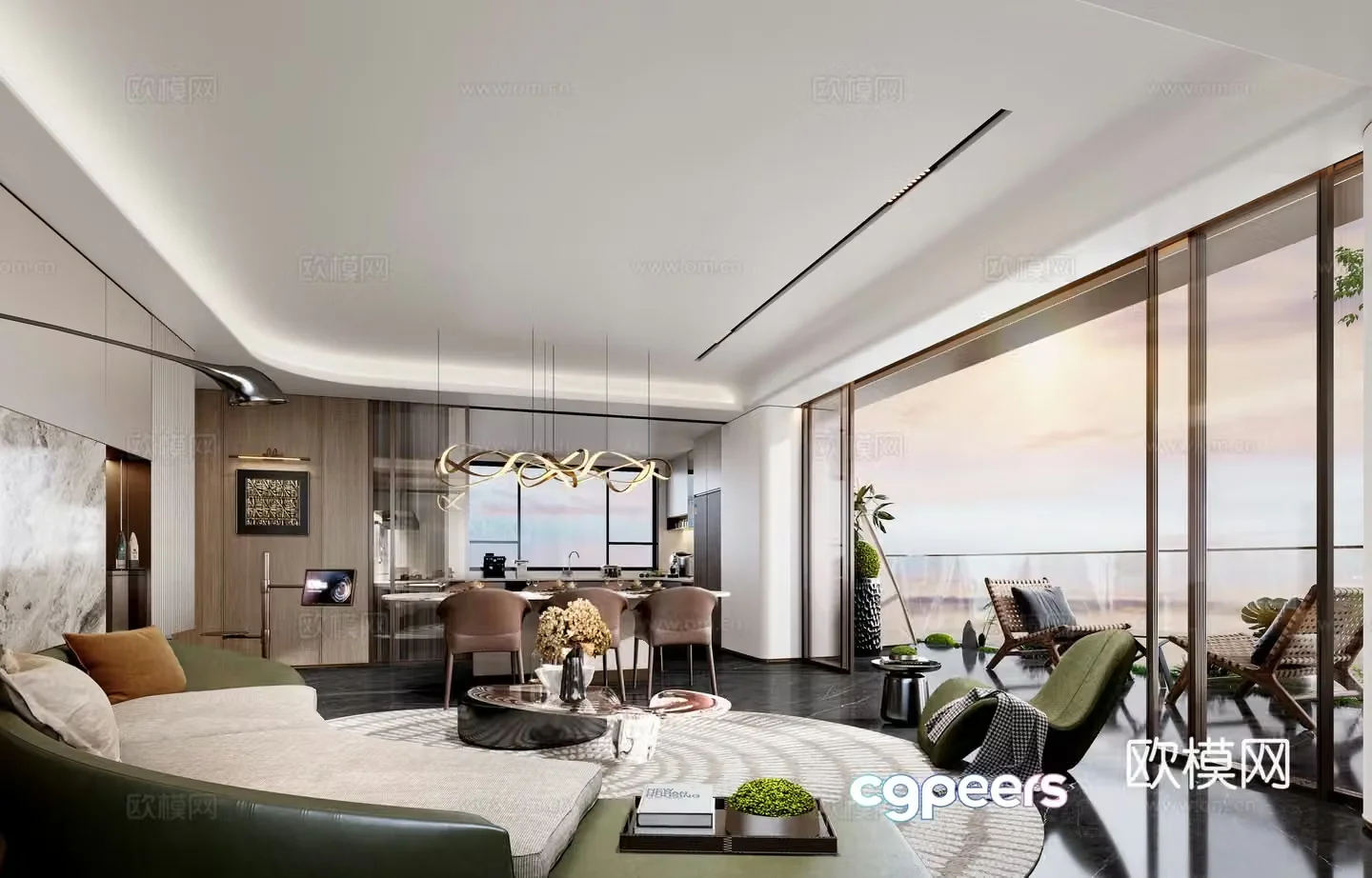 Modern living and dining room 3d model