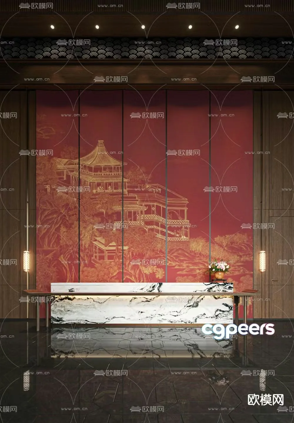 Chinese style front desk reception desk 3d model