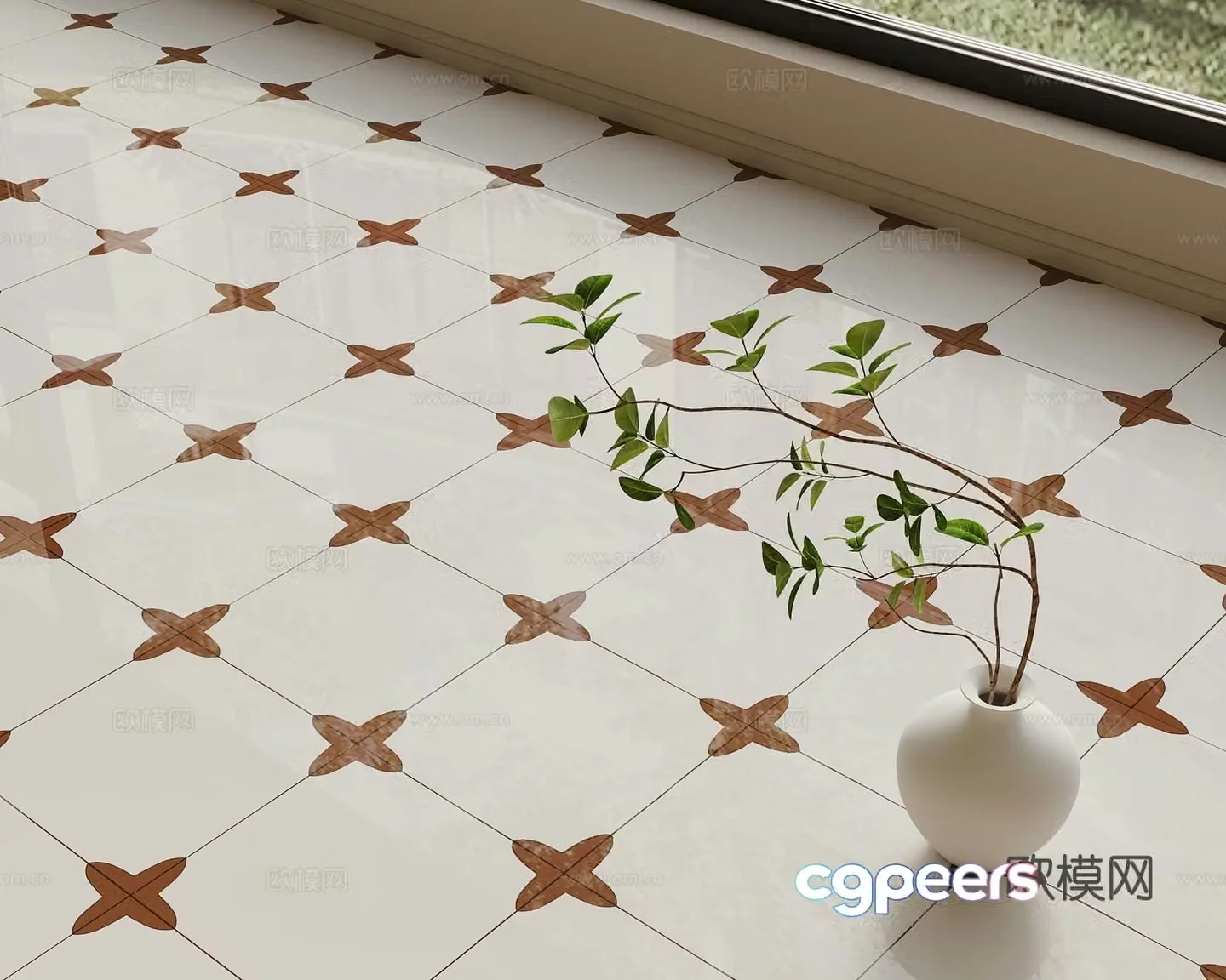 French medieval ceramic tiles seamless medieval small flower tiles 3d model
