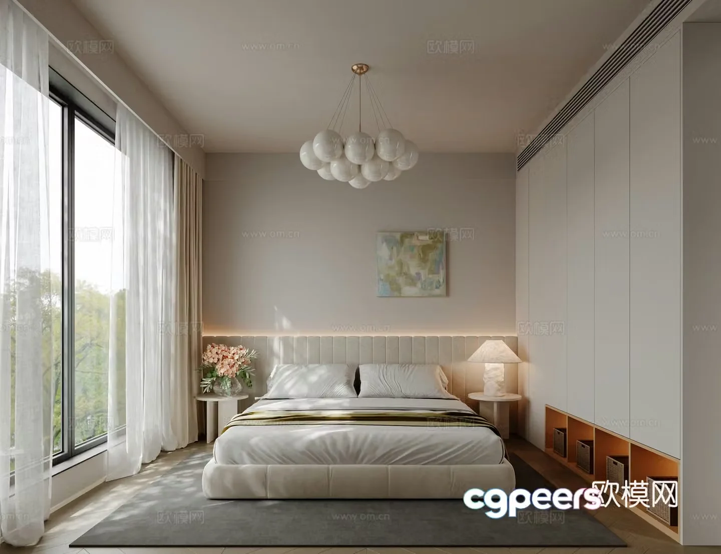 Modern creamy bedroom 3d model