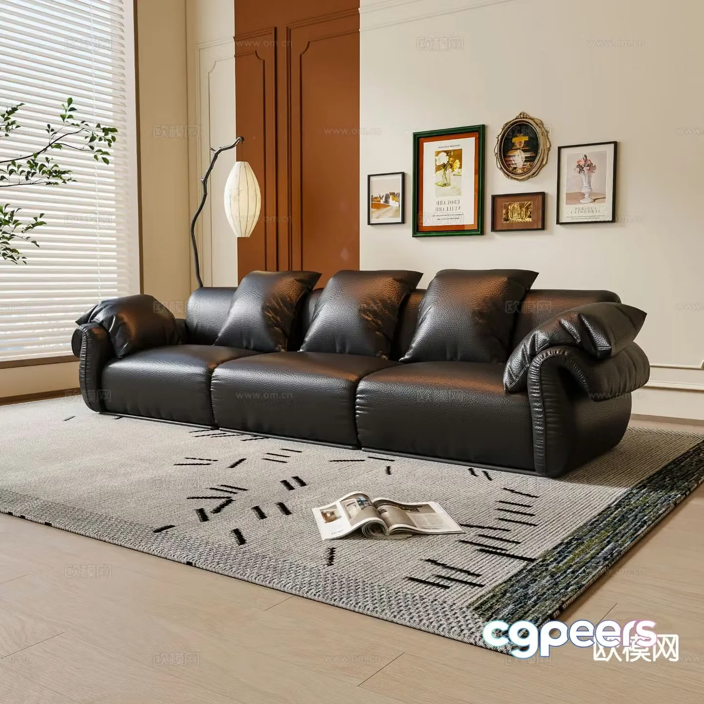 French three-seat sofa leather sofa 3d model