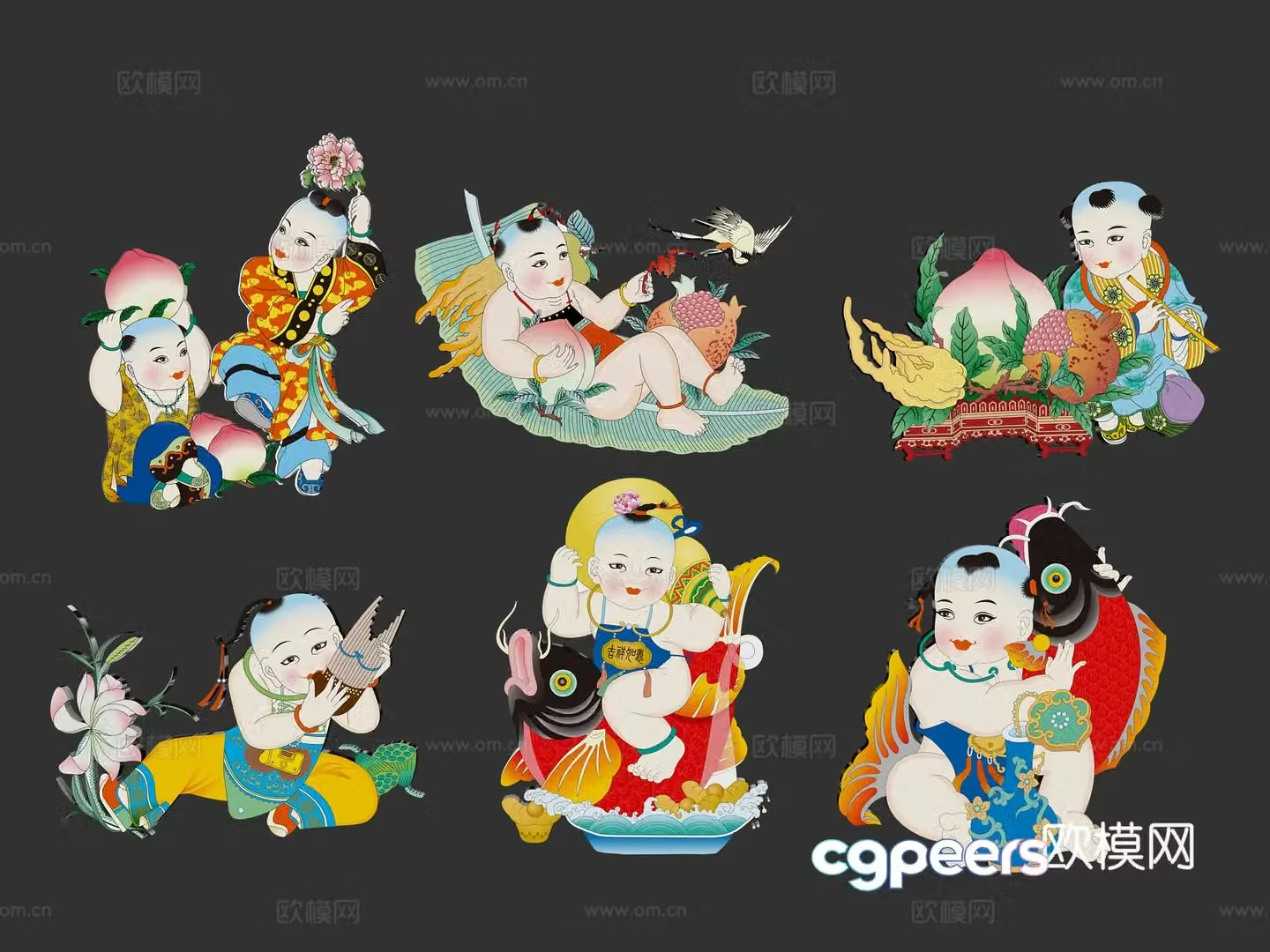 New Year painting auspicious and wealthy children boys tradition hand-painted wall decoration decoration elements symbols 3d model