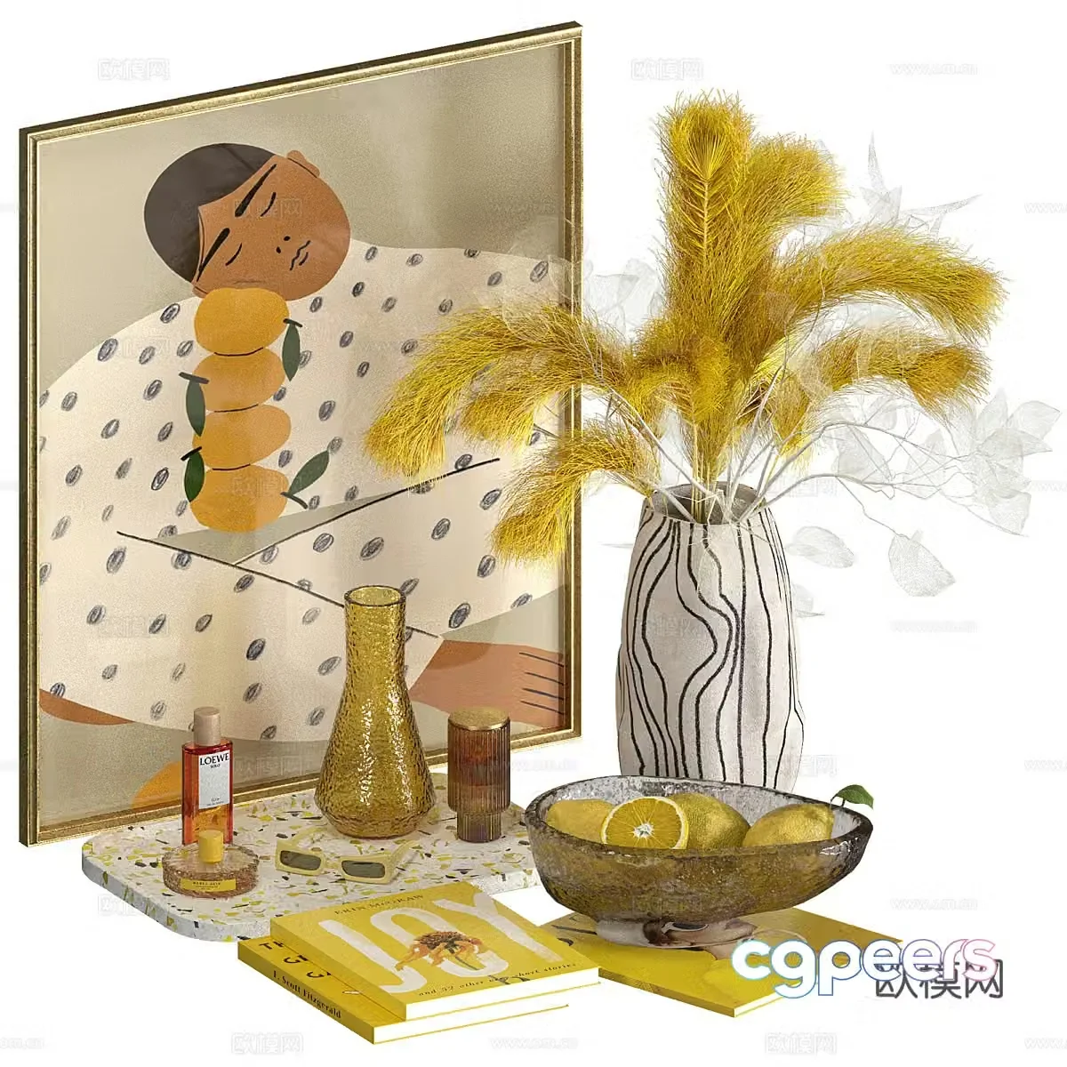 Modern light luxury Yellow Accent decorative set 3d model