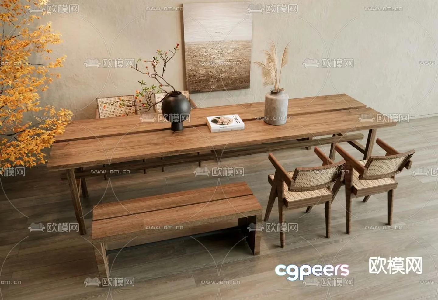 Wabi-sabi dining table and chairs log dining table 3d model