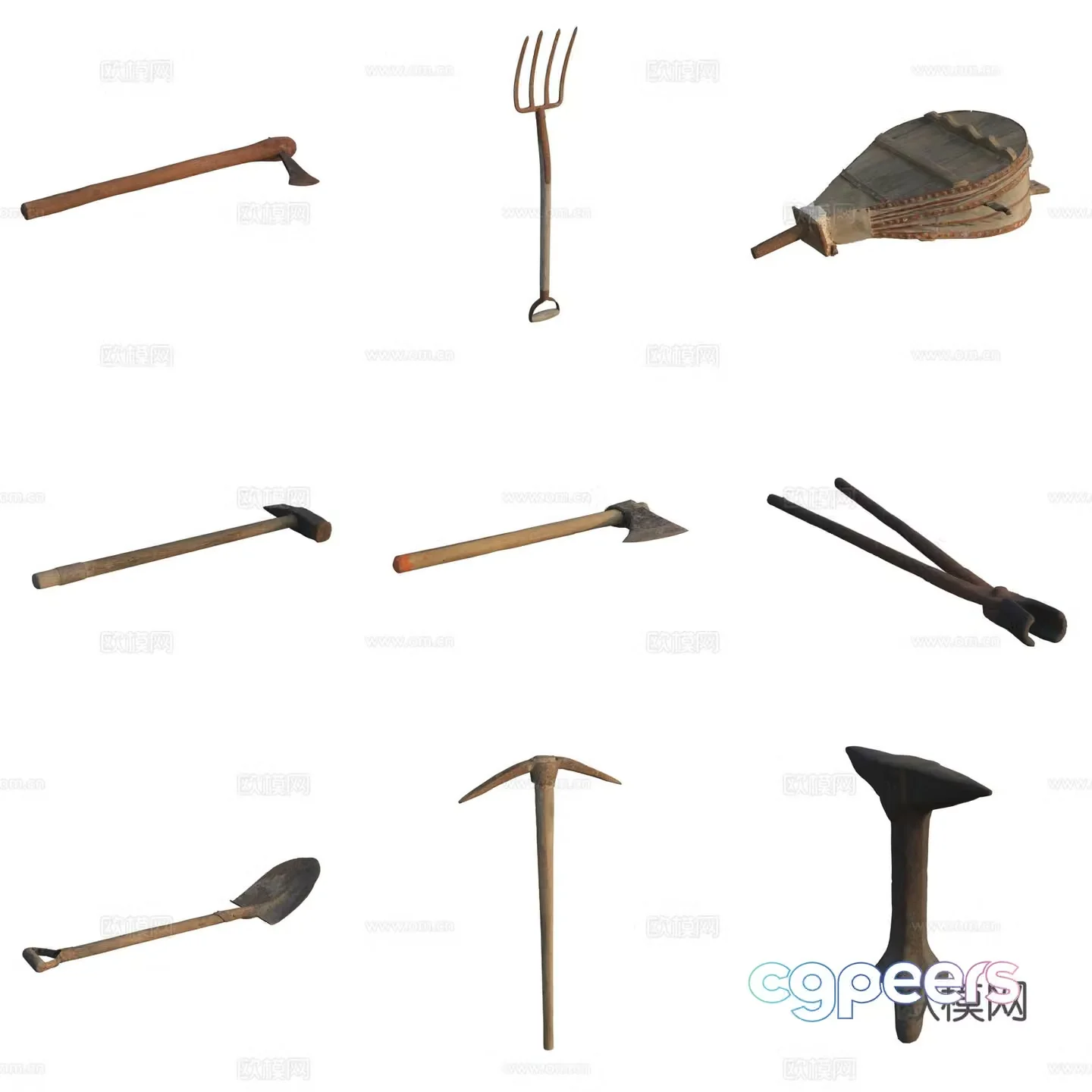 Farm tool axe shovel pickaxe bellows 3d model