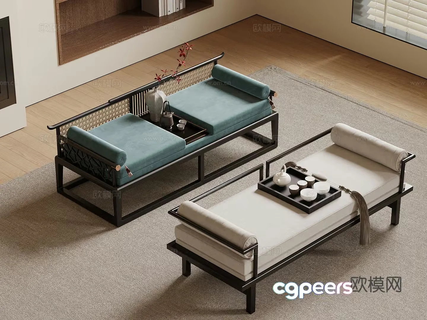 Bed tail stool New Chinese style bed stool 3D model