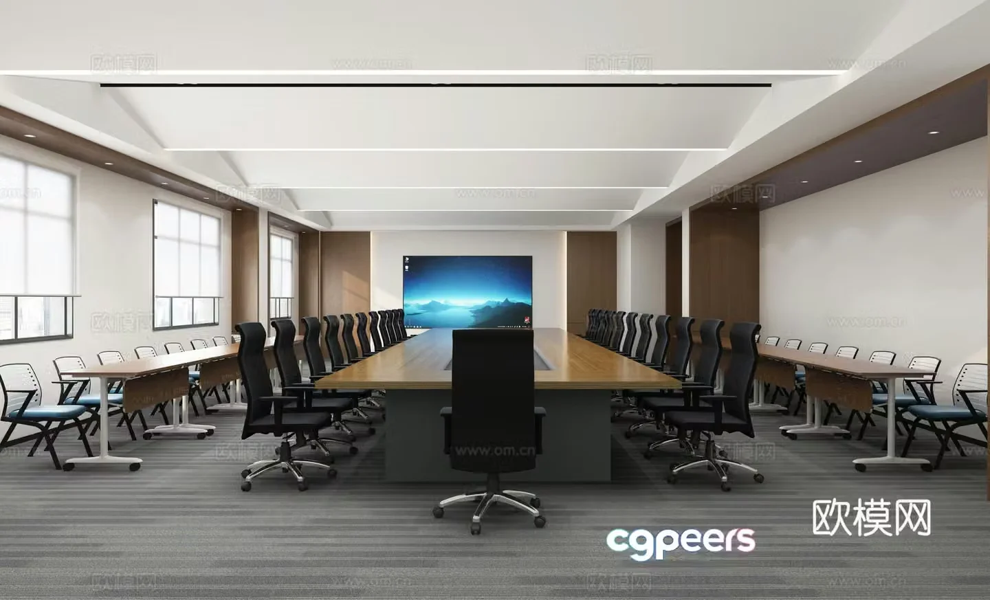Modern conference room conference table and chairs projection screen sunshade strip table 3d model