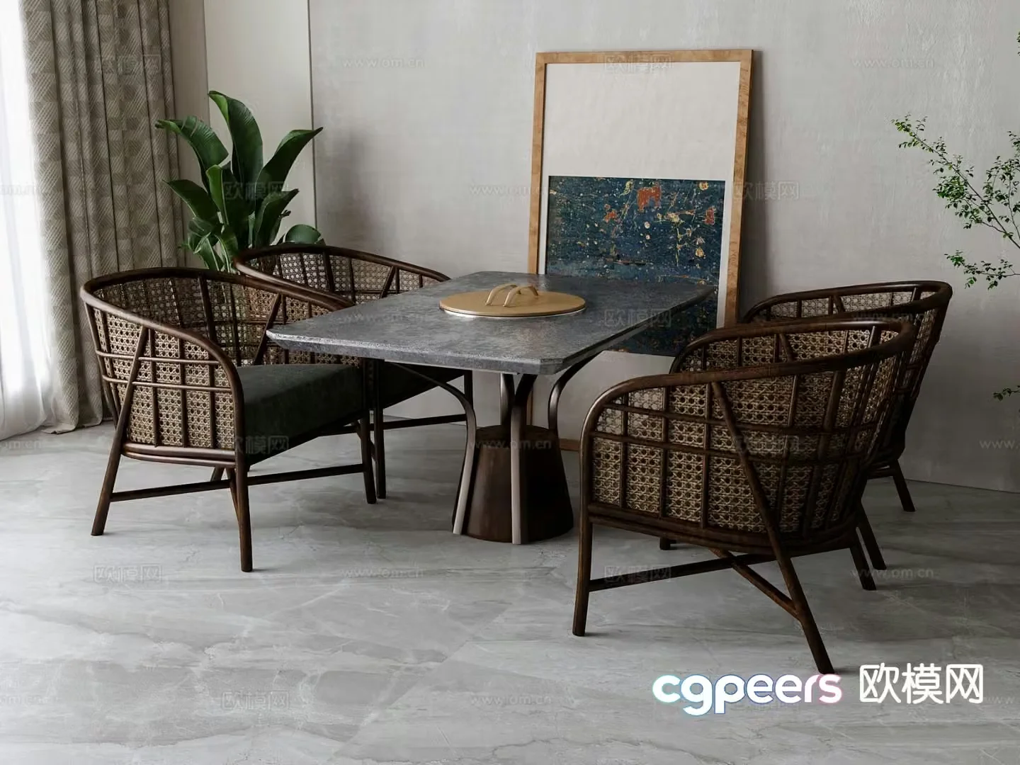 New Chinese style dining table and chairs marble dining table 3d model