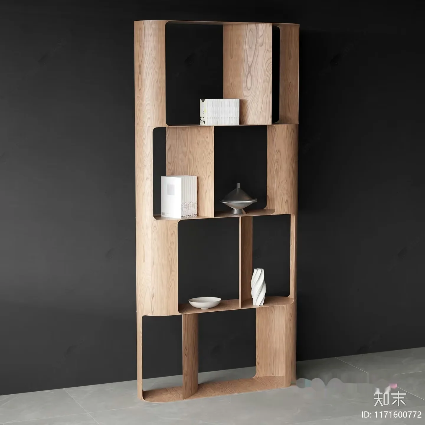 A Wooden Shelf With Various Decorative Items 3D Model – 15897 – VRAY Render