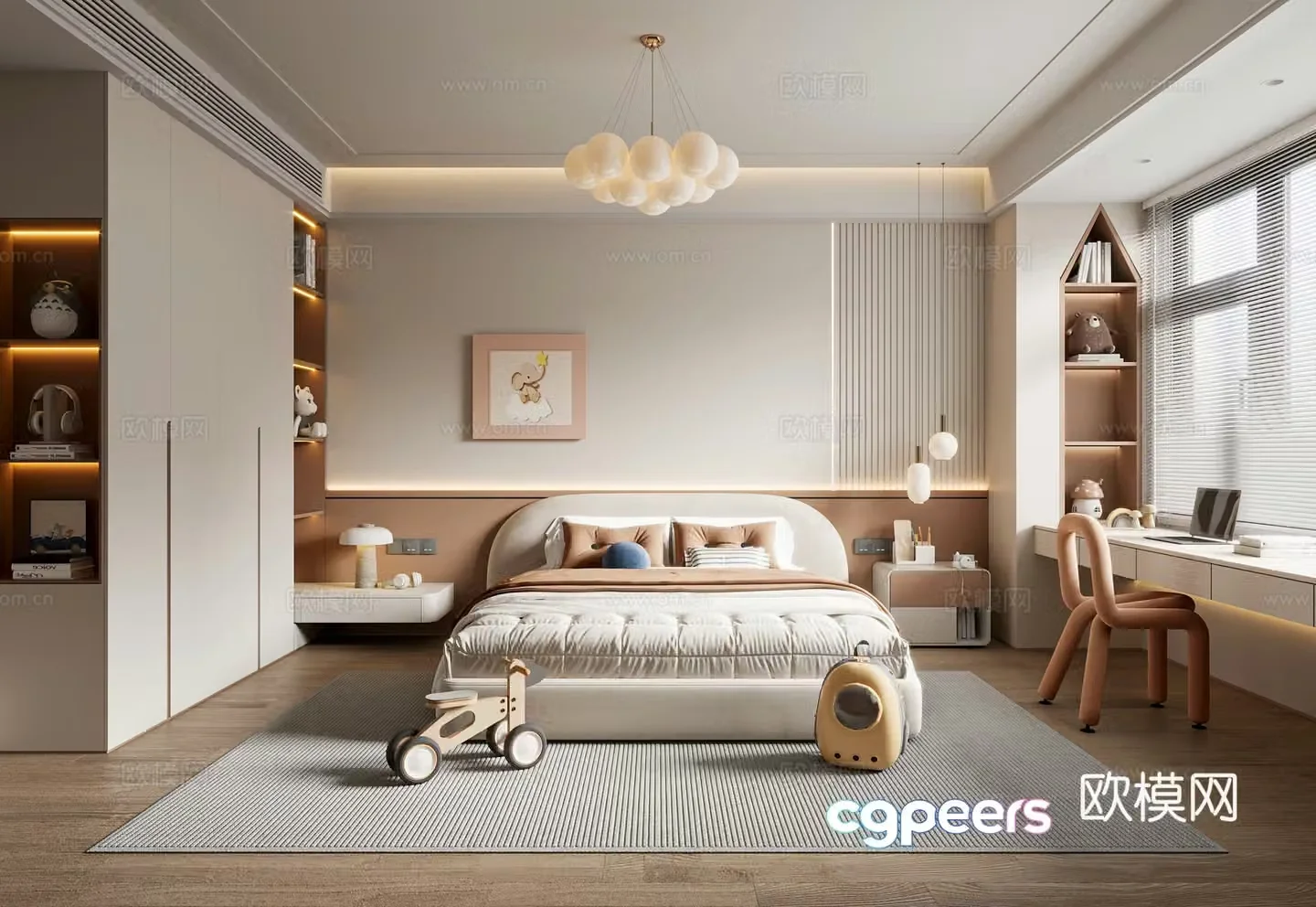 Now creamy children’s room daughter’s room children’s double bed children’s wardrobe children’s desk and chair 3D model