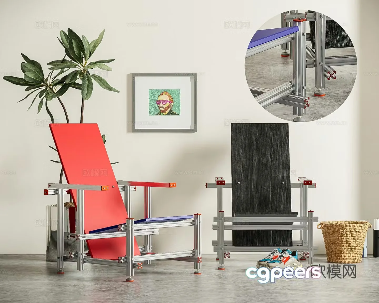 Modern red blue chair aluminum profile casual chair metal casual chair 3D model