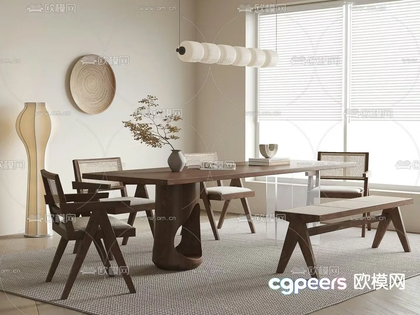 Wabi-sabi style dining table and chairs 3d model