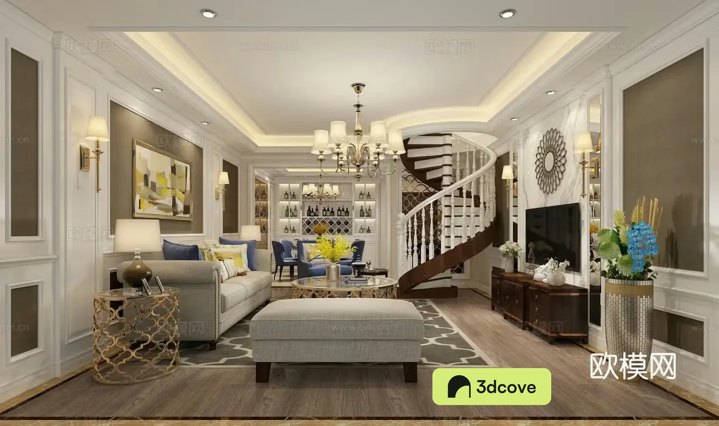 European style living and dining room sofa chandeliers TV cabinet coffee table