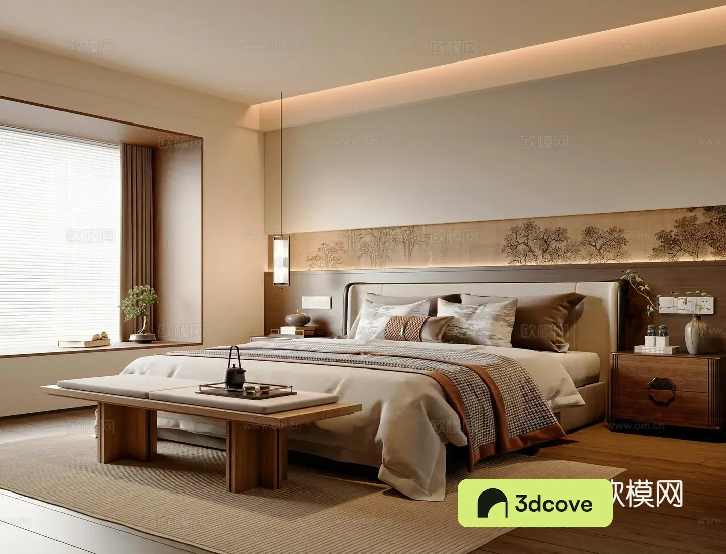 New Chinese style bedroom Master bedroom New Chinese style double bed New Chinese style bedside table New Chinese style bedside stool