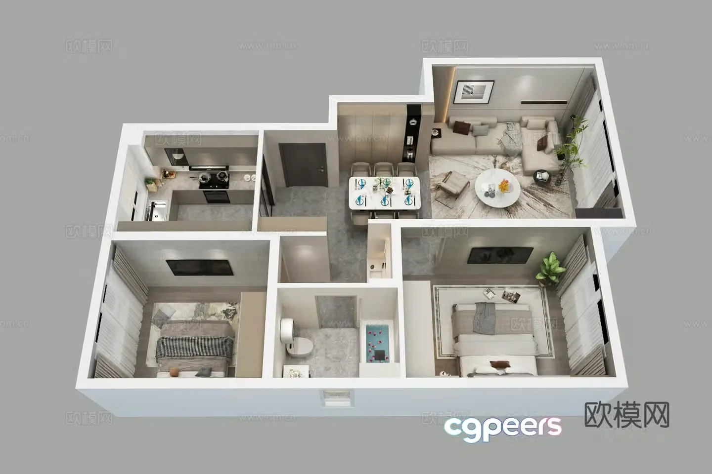 Aerial view of modern home decoration model room 3d model
