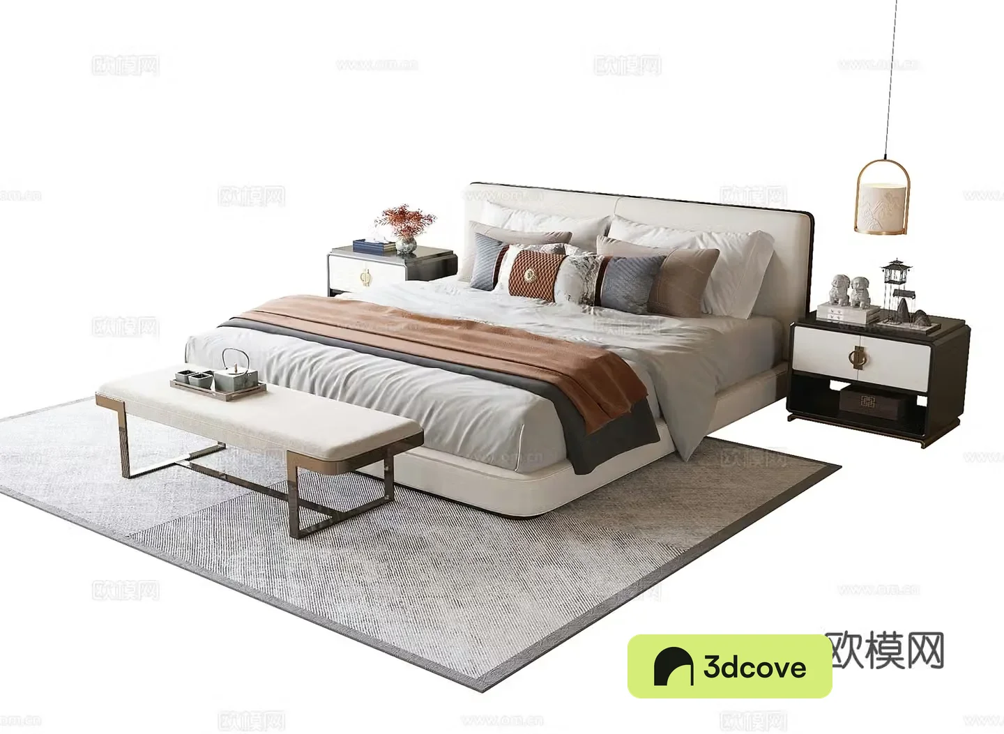 New Chinese style double bed tail stool bedside table