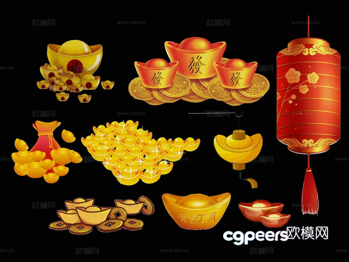 Chinese elements auspicious clouds ingots coins gold coins wallets silhouettes wall decorations decorations yuan 3d model