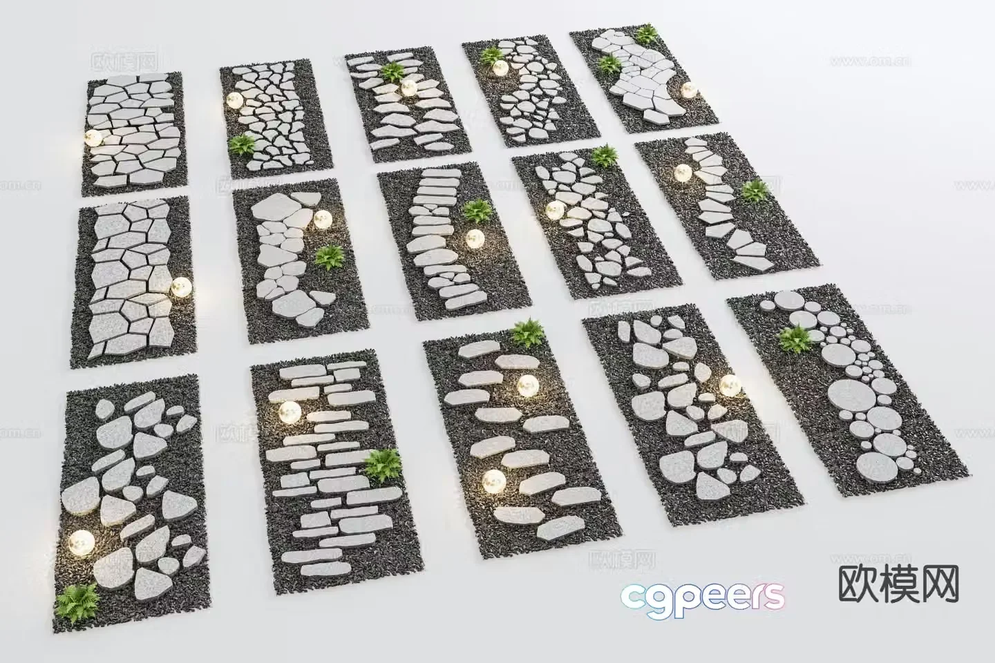 Chinese style Tingbu stone paving courtyard garden road sketch 3D model