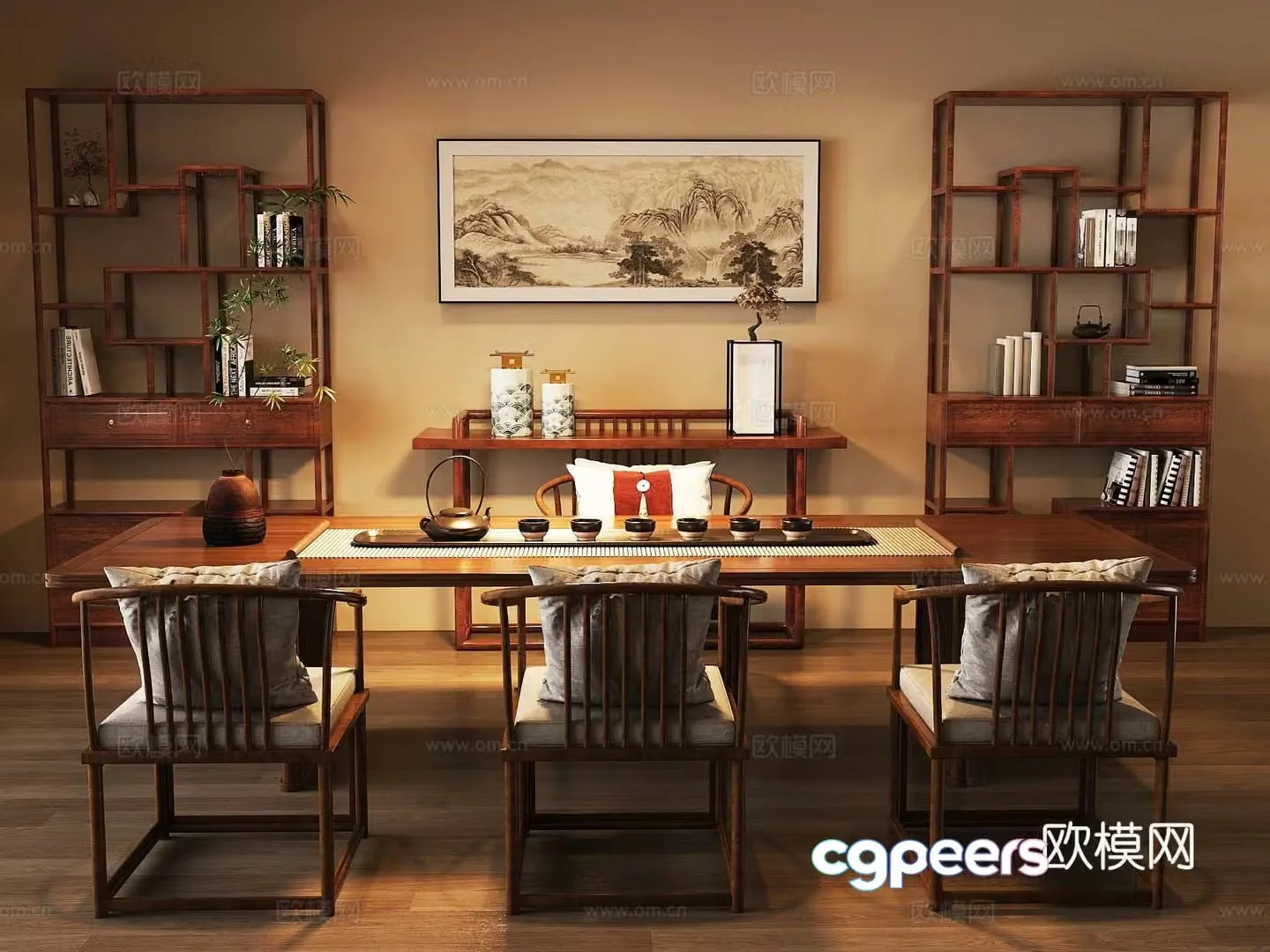 New Chinese-style tea room solid wood tea table and chair ancient shelf tea set 3D model