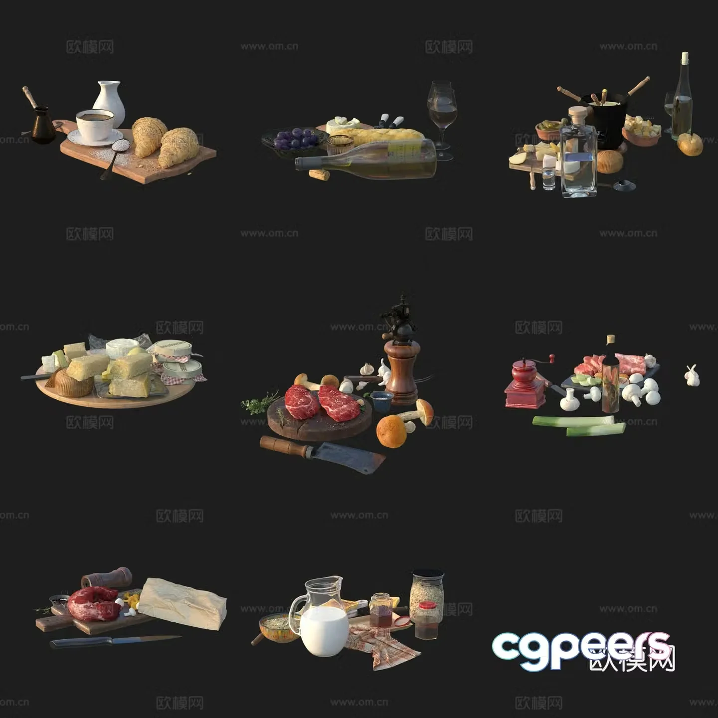 European dining table food breakfast ingredients nut bread meat fruit wine buffalo milk 3d model
