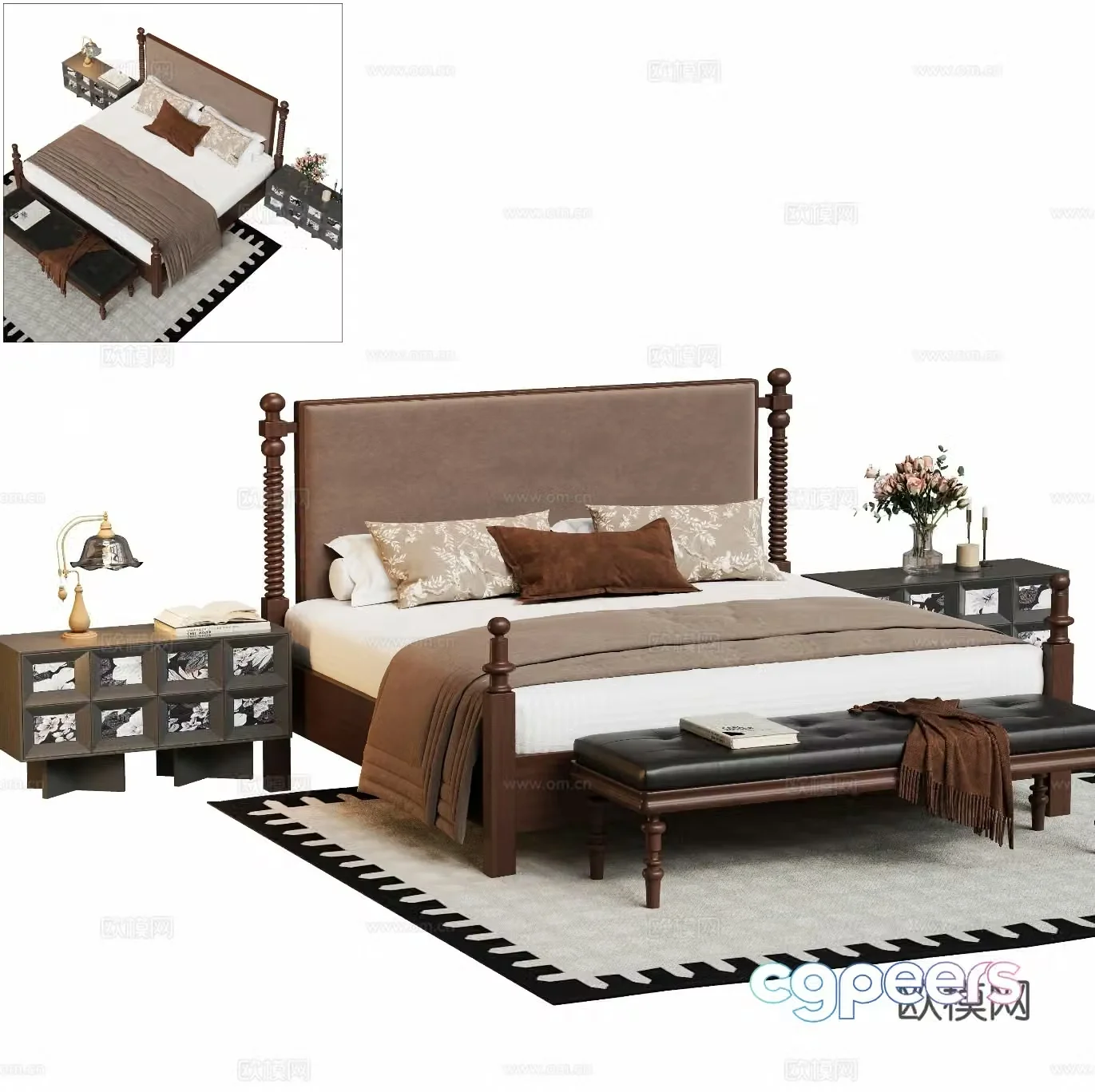Medium style double bed combination ornament 3D model