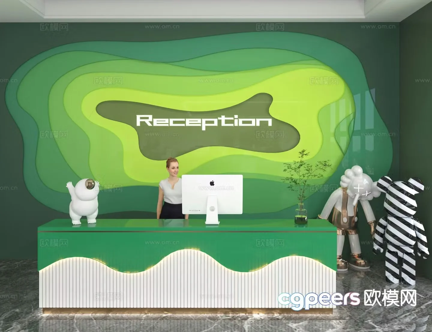 Modern front desk reception desk information desk office background 3d model