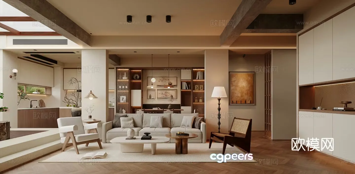 Medium style living room restaurant sofa coffee table combination floor lamp single chair hanging painting TV cabinet wall decoration 3D model
