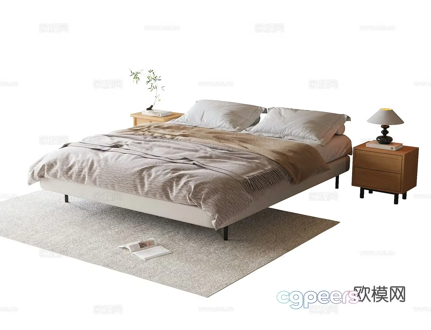 Modern backrestless bed double bed 3d model