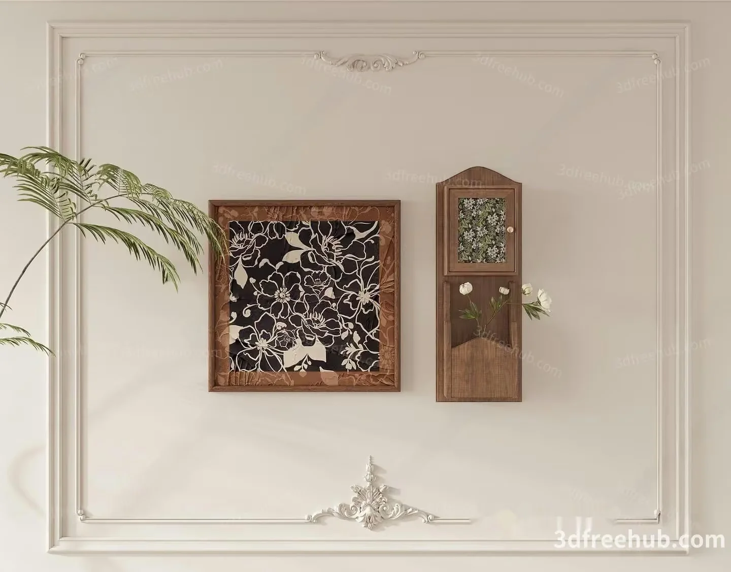 A Framed Piece Of Art With A Floral Design Hanging On A Wall 3D Model – 22000 – VRAY Render