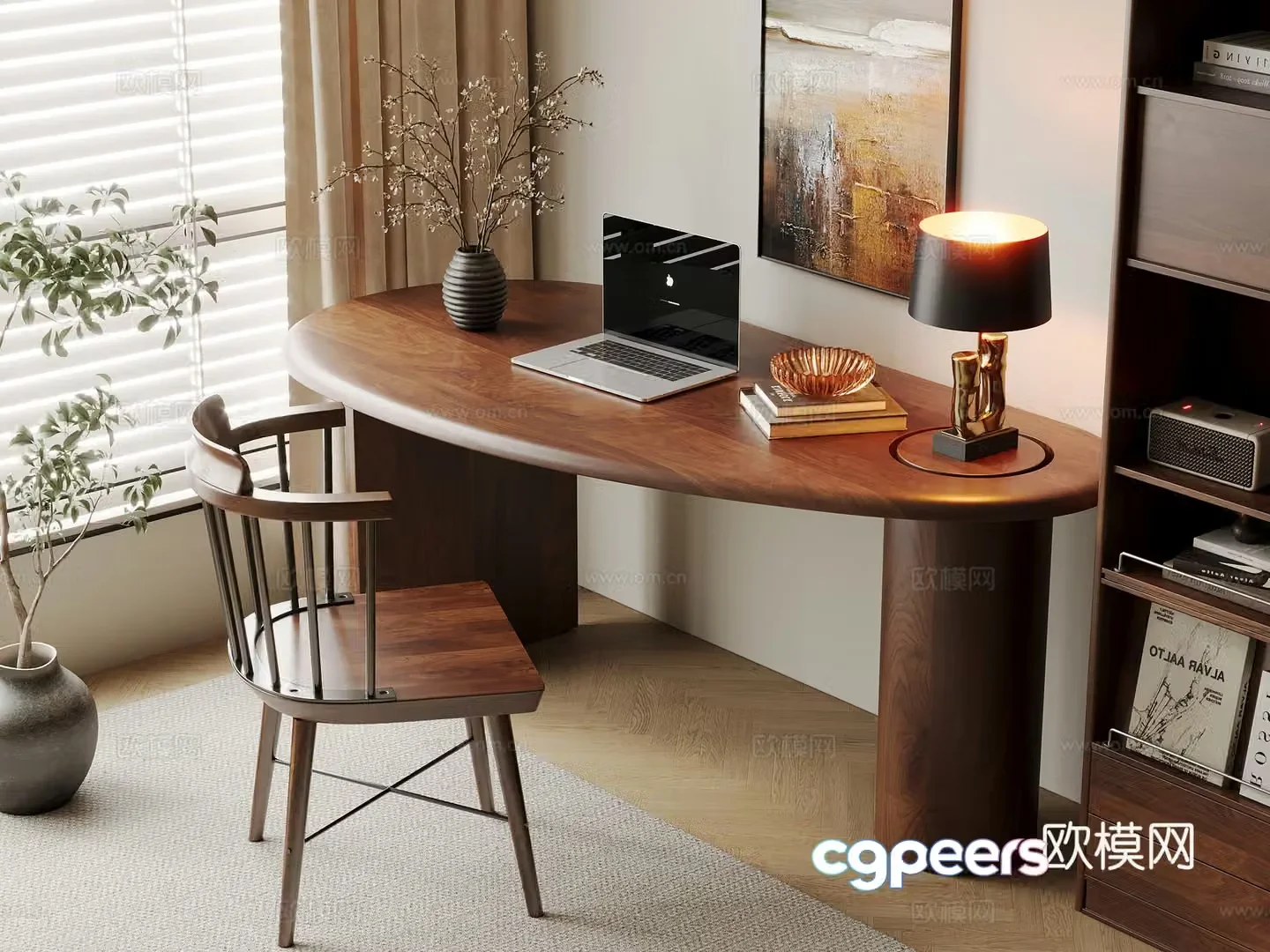 Middle-aged style desk and chair solid wood computer desk and chair writing desk study desk and chair solid wood single chair bookcase 3D model