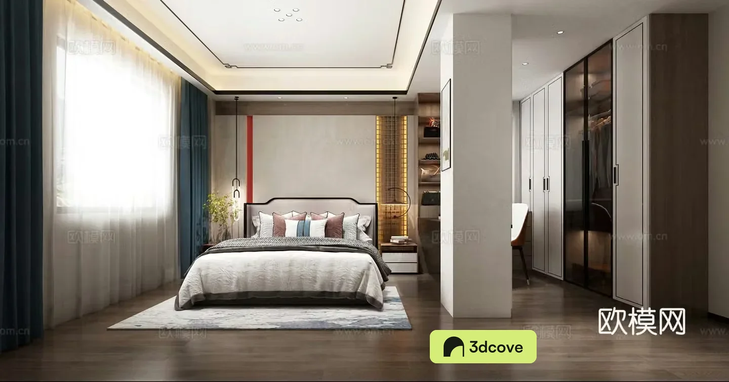 New Chinese style master bedroom cloakroom bed combination