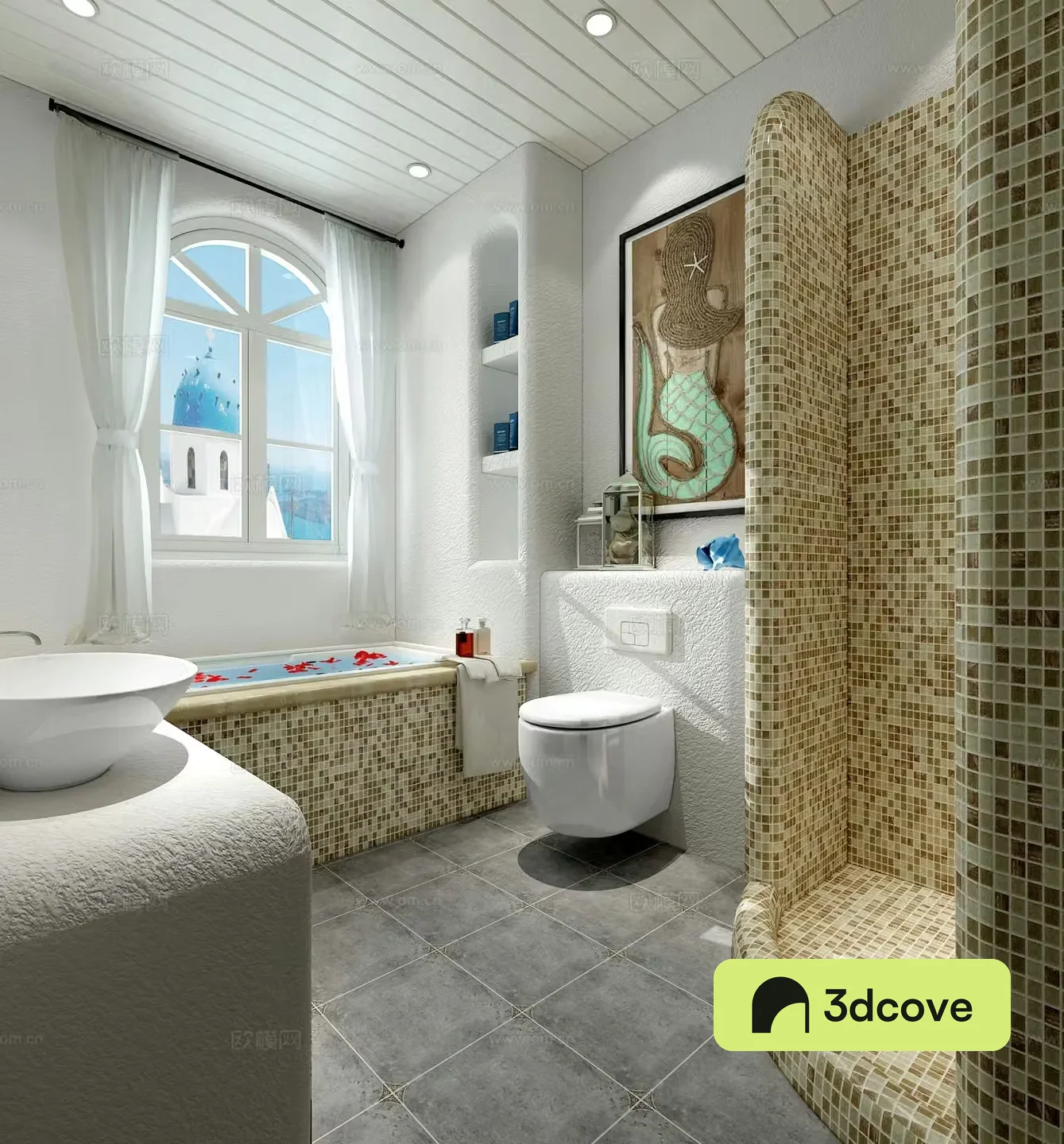 Mediterranean bathroom toilet bathtub wash basin