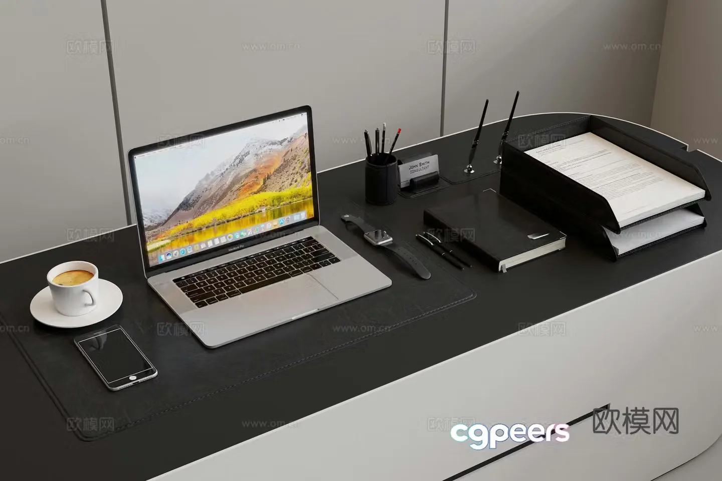 laptop tablet mobile phone watch pen coffee cup office stationery 3d model