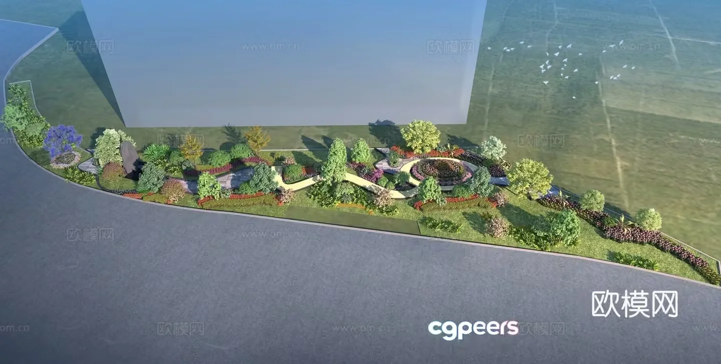 Modern linear park pocket park street corner green space park 3d model