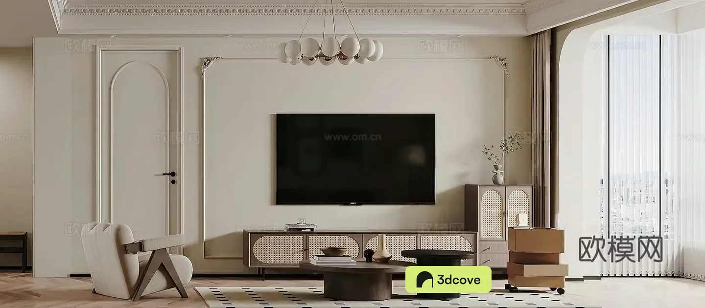 Middle style living room TV background wall French living room retro living room TV cabinet leisure chair 3d model